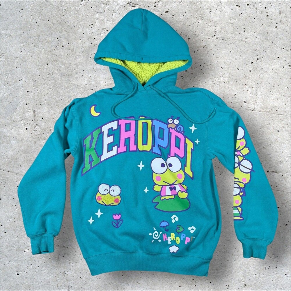 Keroppi Sanrio Sherpa-Lined Pullover Hoodie Sweatshirt Teal Green Hybrid Sz XS